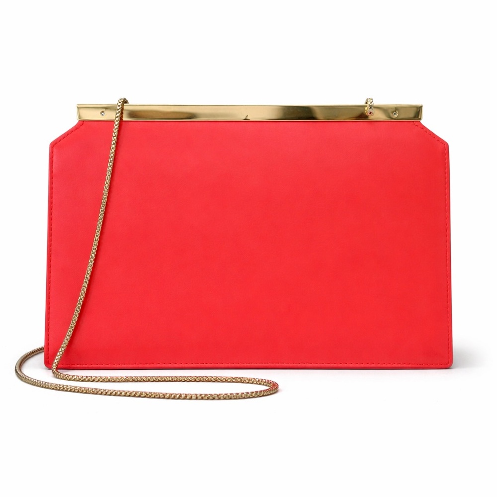 Giorgio Armani Pink-Red Leather Evening Clutch Silver Frame Chain Strap - Picture 4 of 10